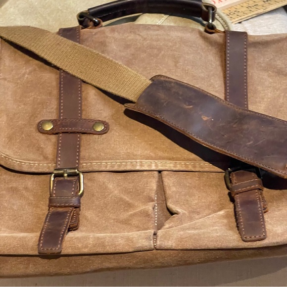 Newhey Messenger Briefcase Leather Waved  Canvas  Large 15.6" Brown - Picture 2 of 16